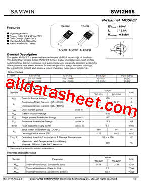 SW12N65 Datasheet PDF - Xian Semipower Electronic Technology Co., Ltd.